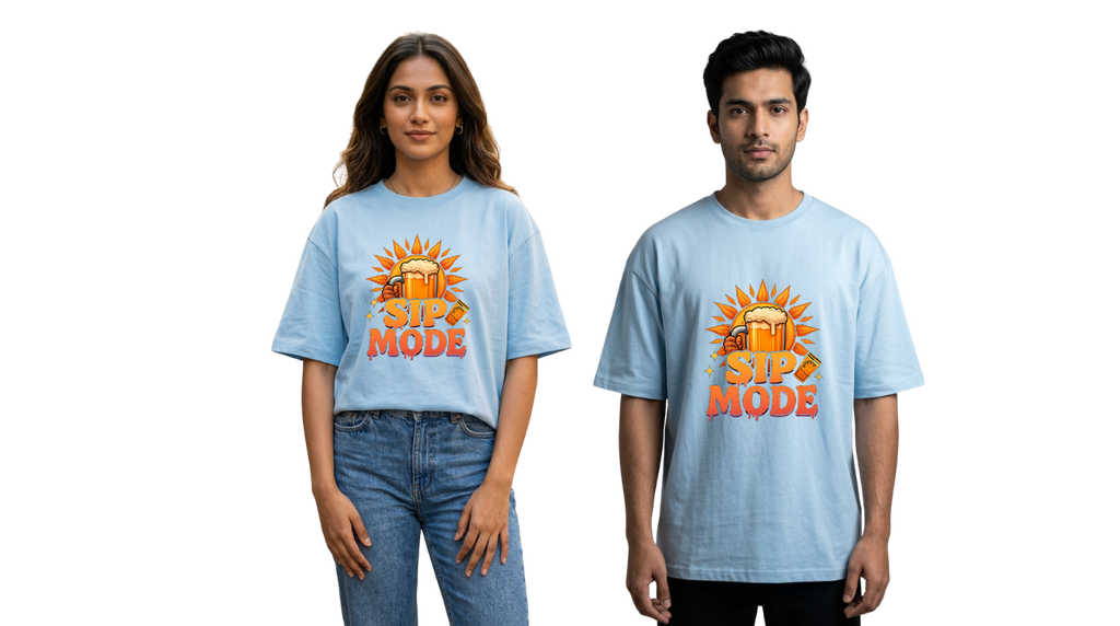 Sip Mode Beer Graphic Oversized T-Shirt | Funny Drinking Tee for Men & Women | GenZique