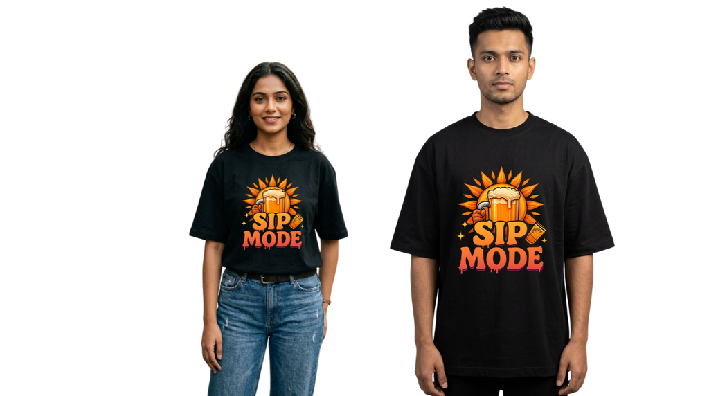 Sip Mode Beer Graphic Oversized T-Shirt | Funny Drinking Tee for Men & Women | GenZique