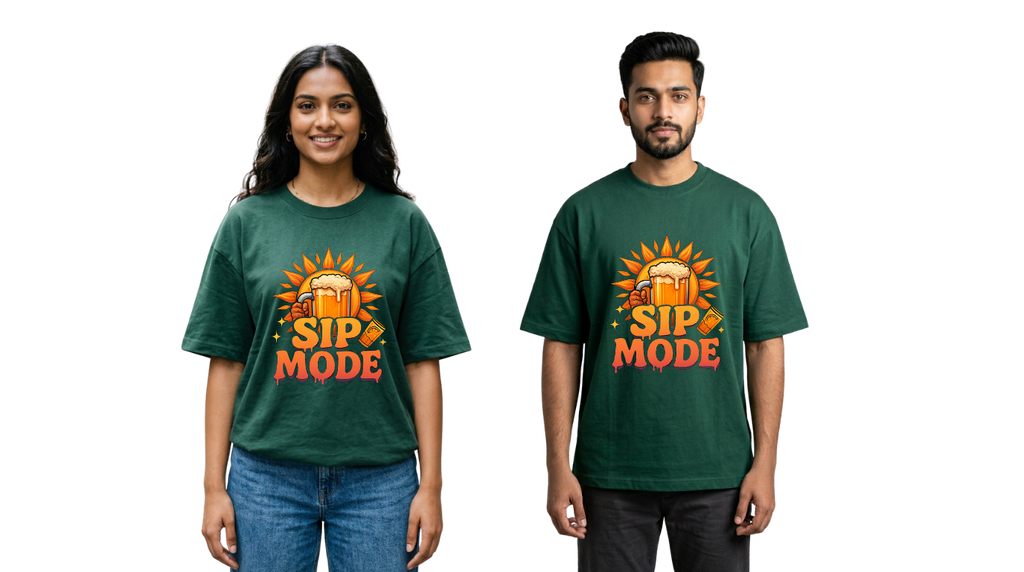 Sip Mode Beer Graphic Oversized T-Shirt | Funny Drinking Tee for Men & Women | GenZique