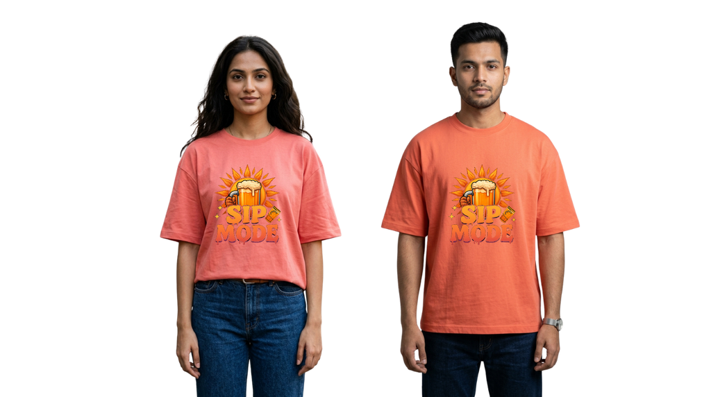 Sip Mode Beer Graphic Oversized T-Shirt | Funny Drinking Tee for Men & Women | GenZique