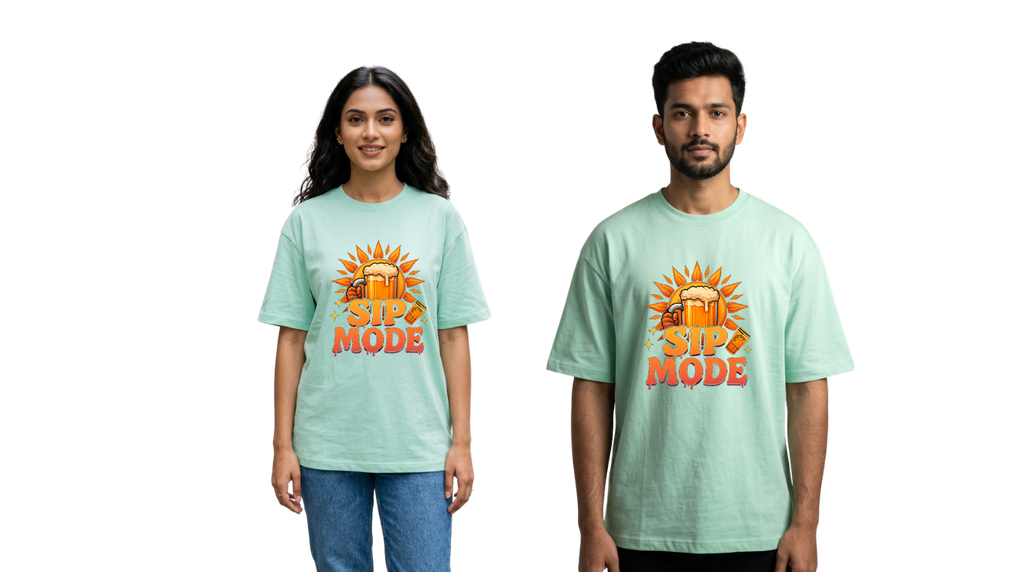 Sip Mode Beer Graphic Oversized T-Shirt | Funny Drinking Tee for Men & Women | GenZique