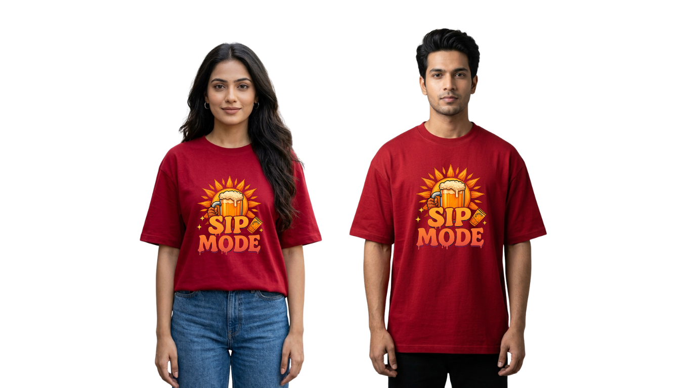 Sip Mode Beer Graphic Oversized T-Shirt | Funny Drinking Tee for Men & Women | GenZique